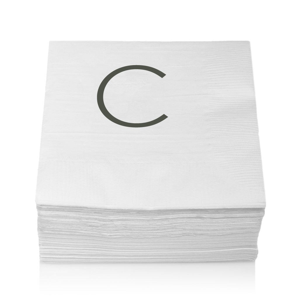 Stack of white 3-ply paper cocktail napkins with a grey sans-serif letter "C" monogram.