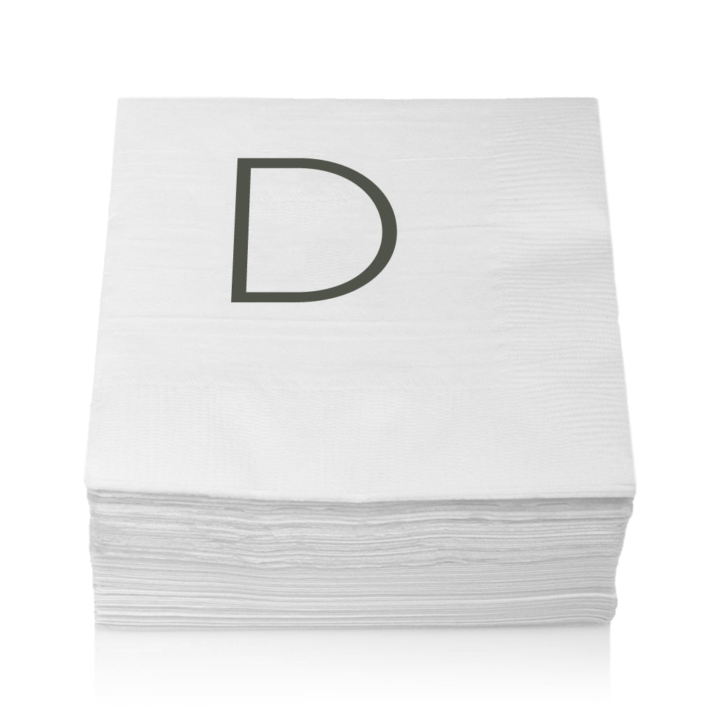 Stack of white 3-ply paper cocktail napkins with a grey sans-serif letter "D" monogram.
