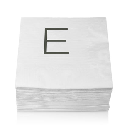 Stack of white 3-ply paper cocktail napkins with a grey sans-serif letter "E" monogram.