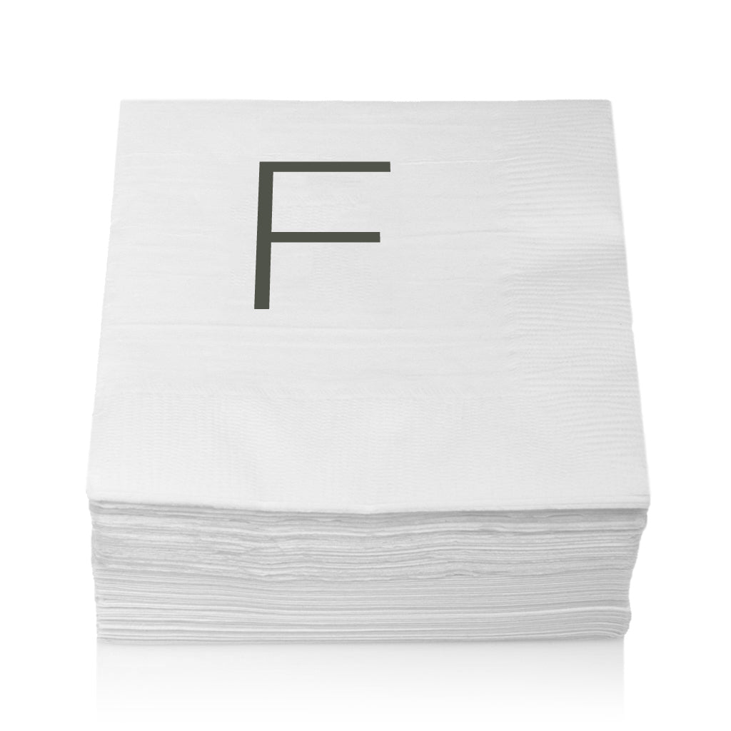 Stack of white 3-ply paper cocktail napkins with a grey sans-serif "F" monogram.