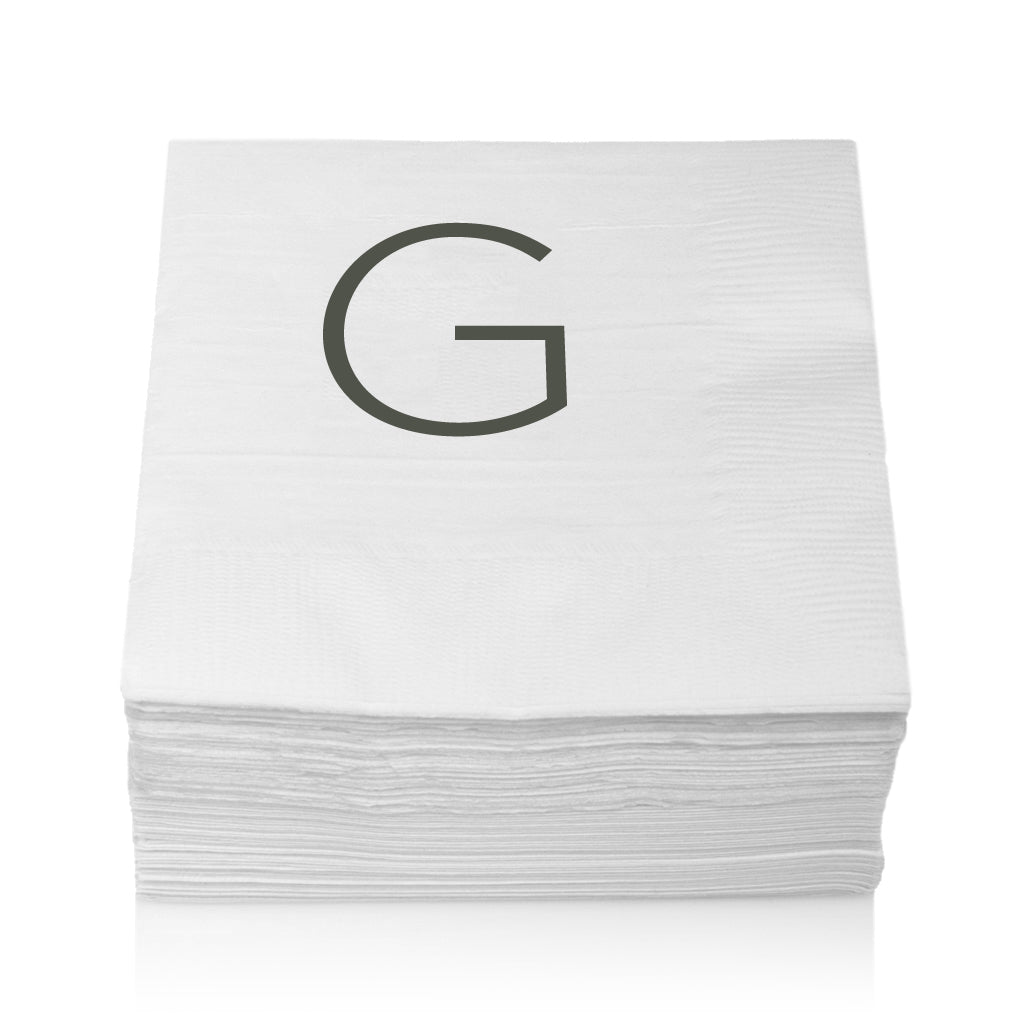 Stack of white 3-ply paper cocktail napkins with a grey sans-serif "G" monogram.