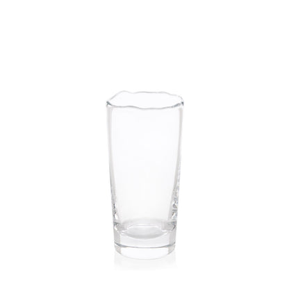 Clear Mozes Scissor-Cut Water Glass, 10.5 oz., with a rippled rim and thick air-blown glass.