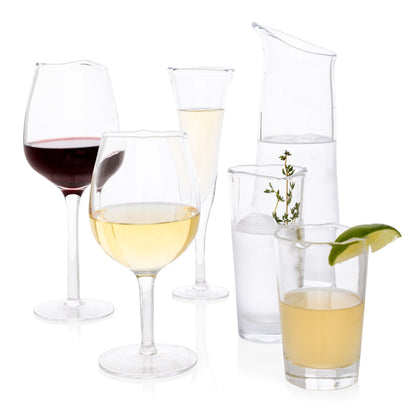 Clear Mozes scissor-cut water glass, 10.5 oz, with a rippled rim, alongside other drinkware.