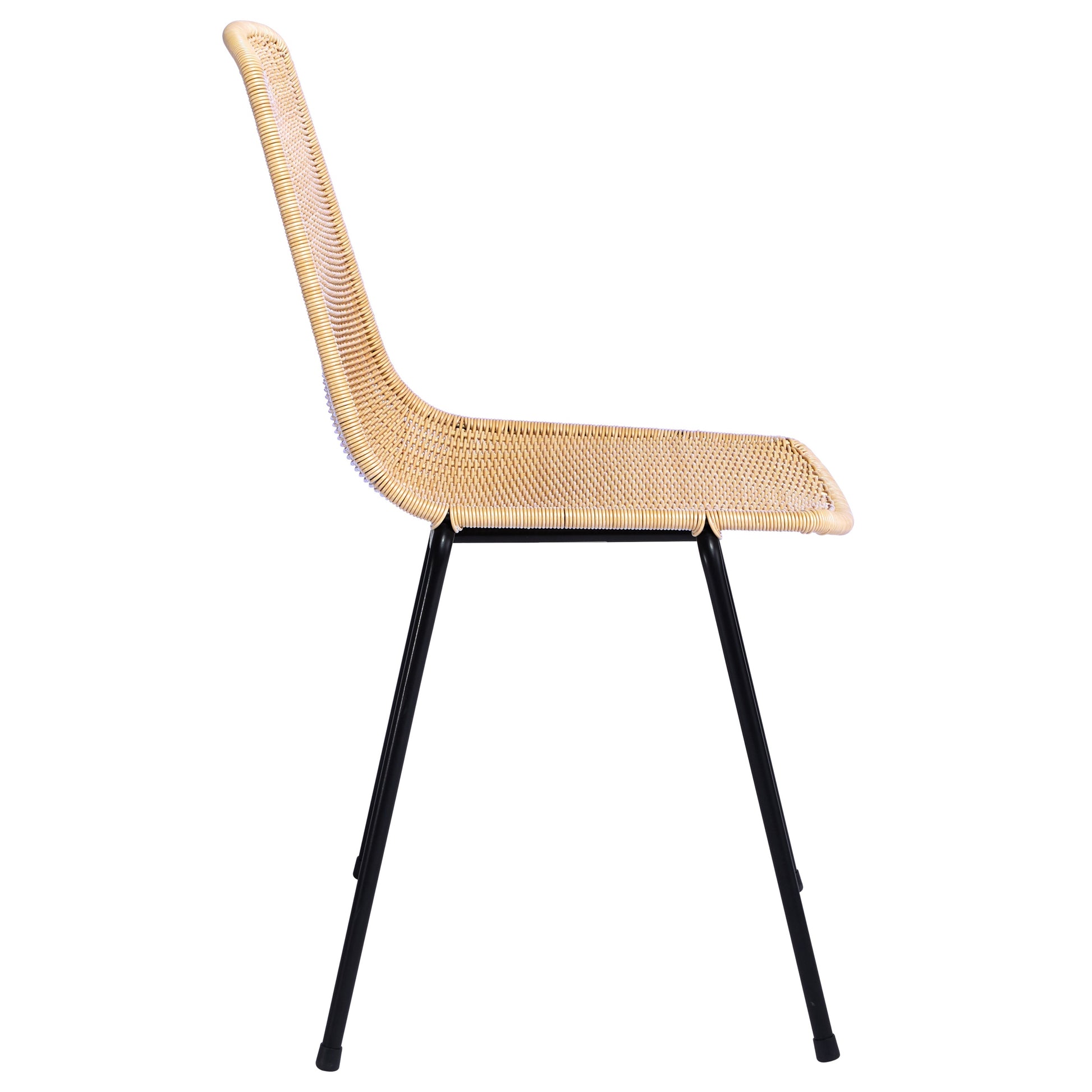 Natural wheat rattan "Basket" outdoor dining chair with black steel frame, side view.