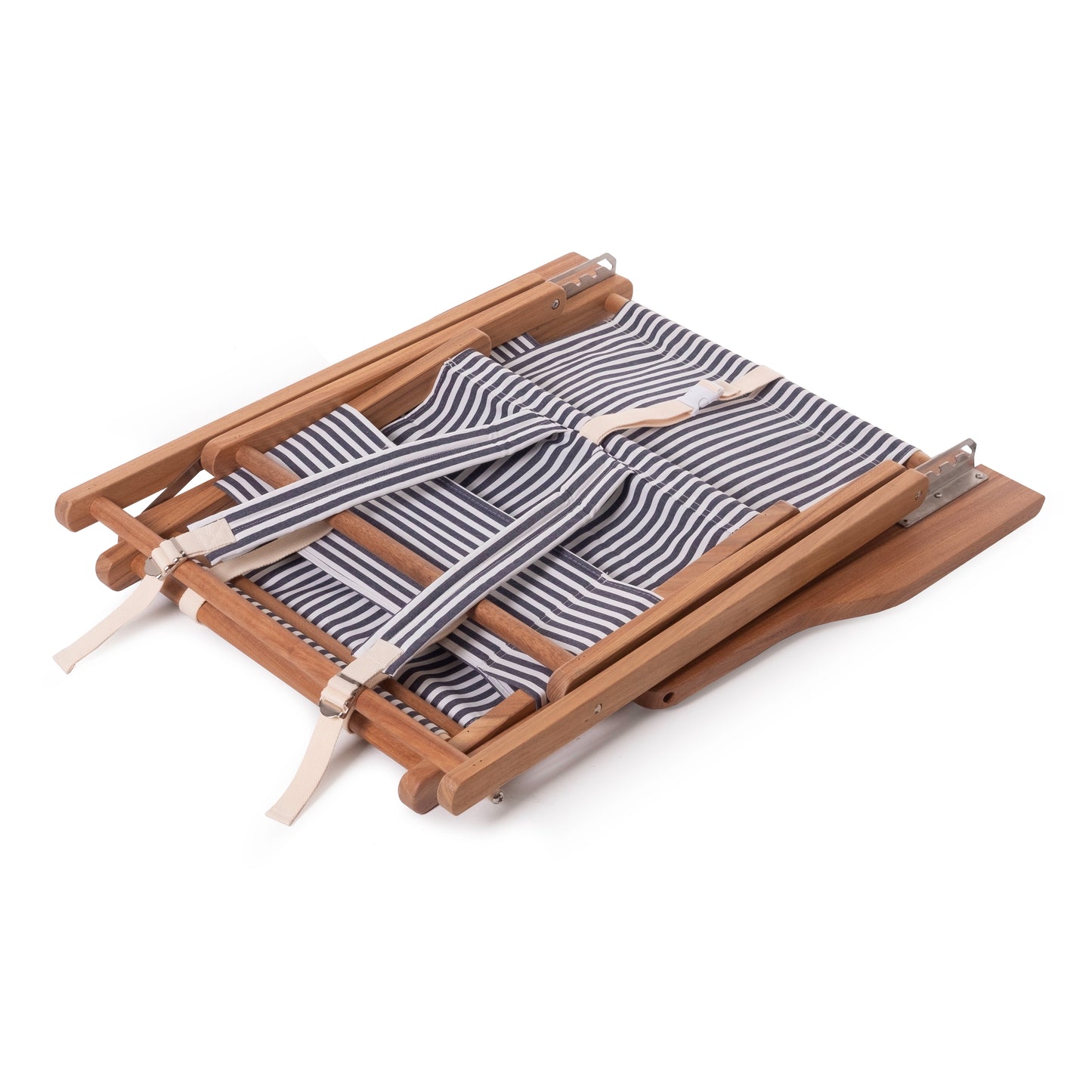 Folded Navy and White Stripe Canvas Reclining Outdoor Beach Chair with teak frame and backpack straps.