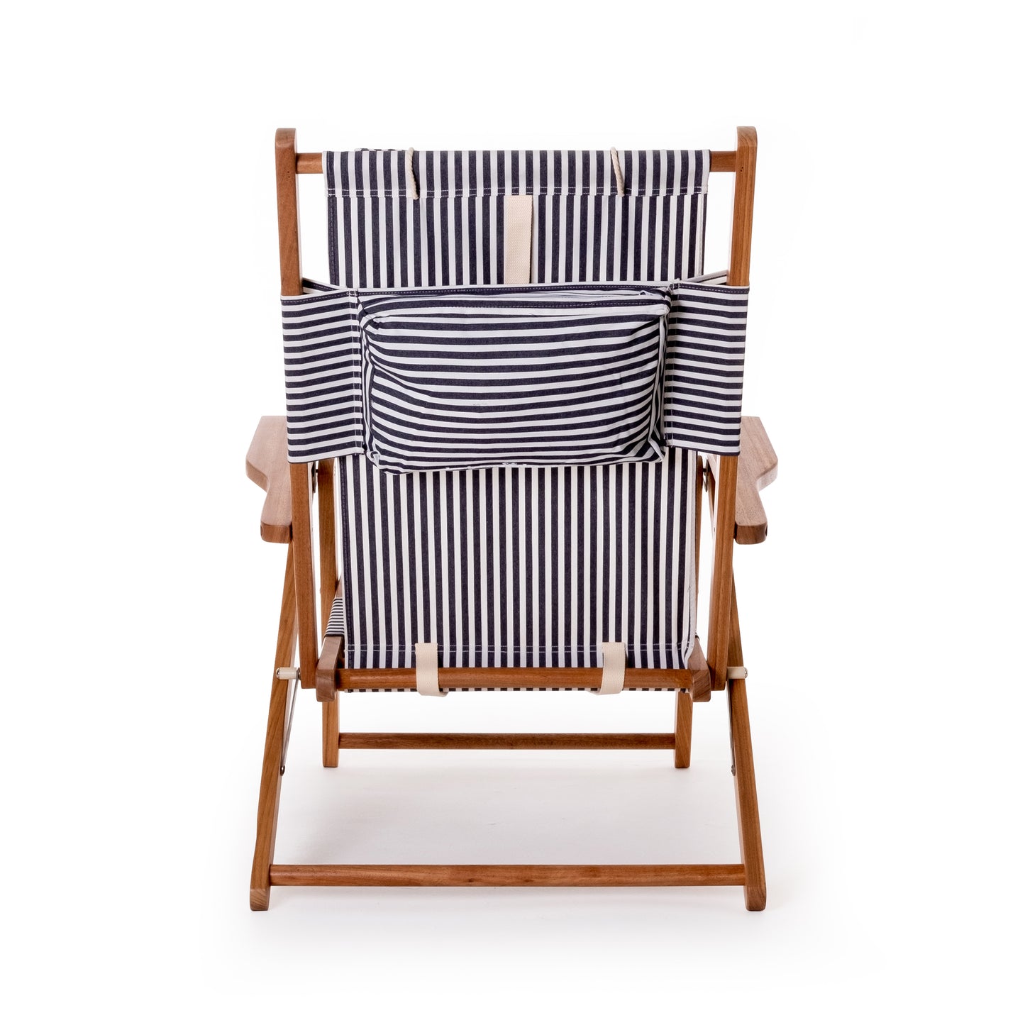 Navy and white stripe canvas reclining beach chair with hardwood frame and back pocket.