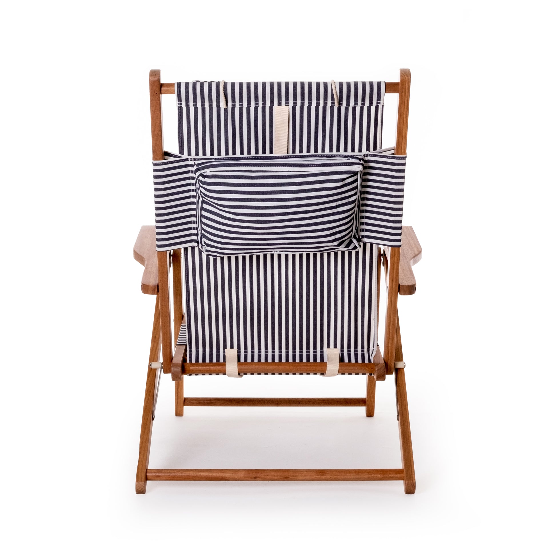 Navy and white stripe canvas reclining beach chair with hardwood frame and back pocket.