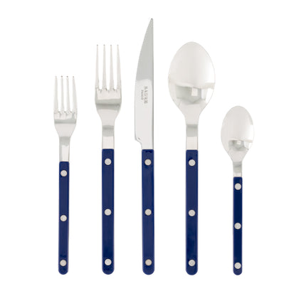 Blue Bistro 5-piece flatware set with stainless steel utensils and dark blue acrylic handles.