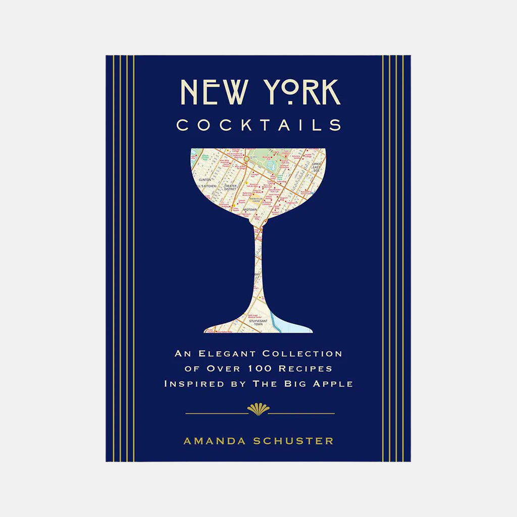 New York Cocktails book with a navy blue cover, gold stripes, and a map of NYC in a cocktail glass silhouette.