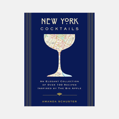 New York Cocktails book with a navy blue cover, gold stripes, and a map of NYC in a cocktail glass silhouette.