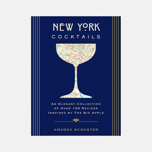 New York Cocktails book with a navy blue cover, gold stripes, and a map of NYC in a cocktail glass silhouette.