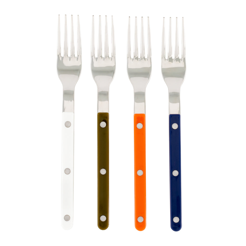 Four Bistro flatware forks with white, olive, orange, and navy acrylic handles and stainless steel tines.
