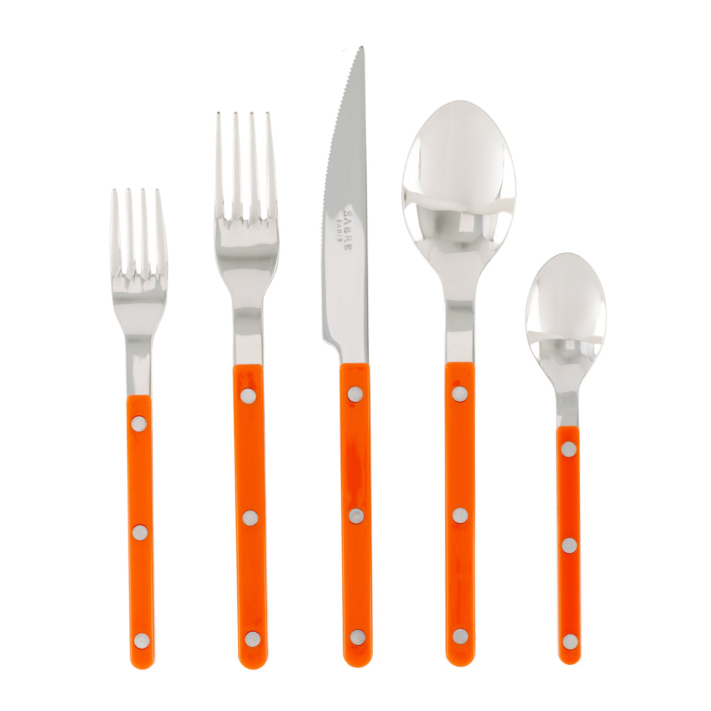 Orange Bistro 5-piece flatware set with stainless steel utensils and bright orange acrylic handles.