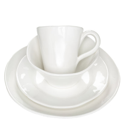 HG Organic Collection creamy white ceramic low bowl, plate, and mug stack.