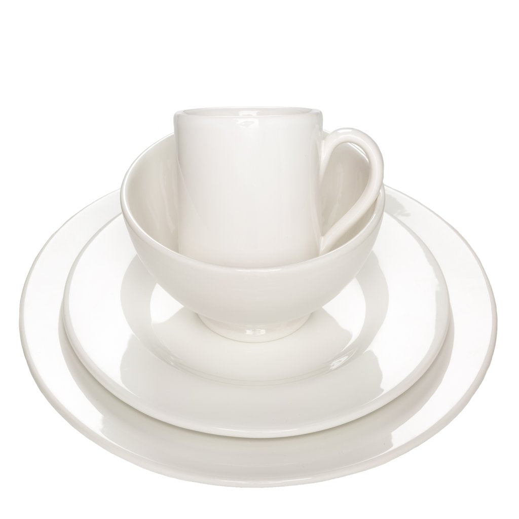 HG Original Collection creamy white ceramic mug, bowl, and two plates stacked.