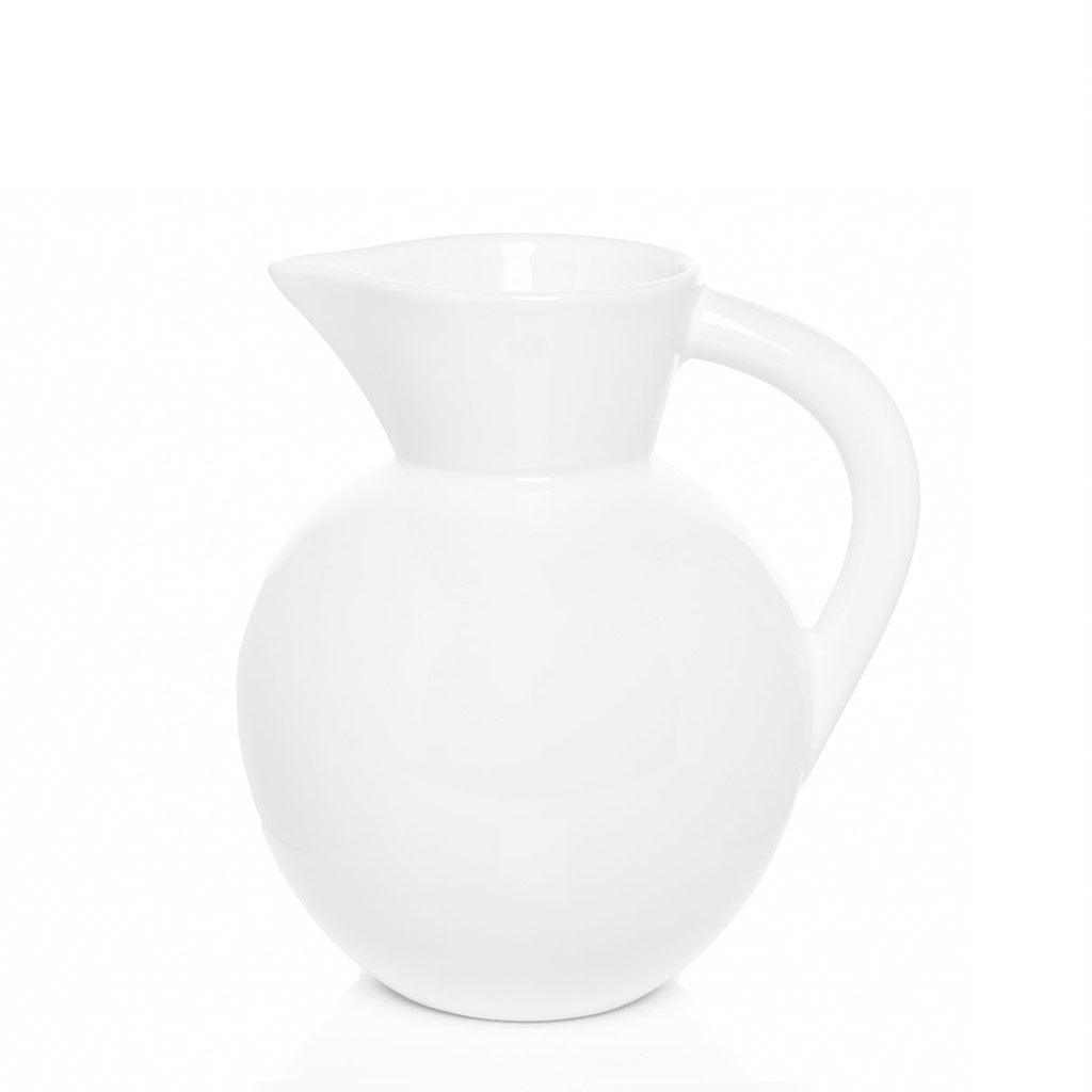 HG Original Small Round Ceramic Pitcher, creamy white glaze, 8"W x 8"H, made in Italy.