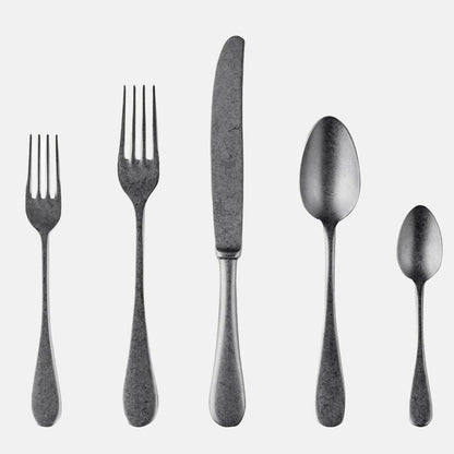 Oro Nero 5-piece flatware set in dark pewter 18/10 stainless steel, vintage neo-baroque design.
