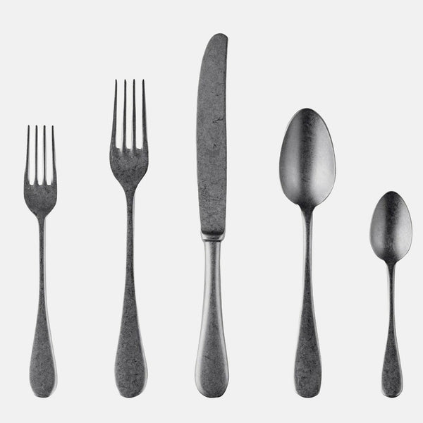 Oro Nero 5-piece flatware set in dark pewter 18/10 stainless steel, vintage neo-baroque design.