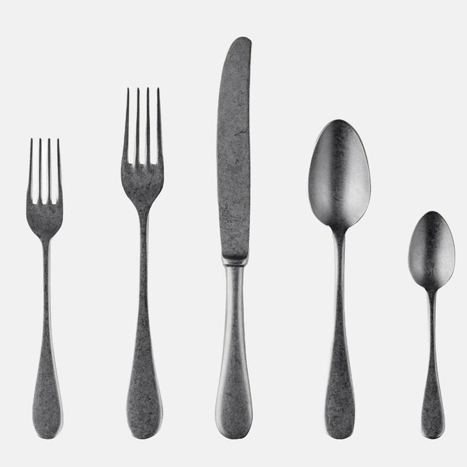 Oro Nero 5-piece flatware set in dark pewter 18/10 stainless steel, vintage neo-baroque design.