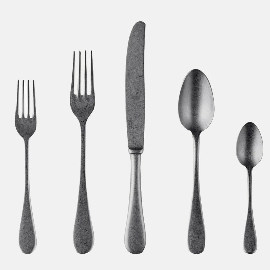 Oro Nero 5-piece flatware set in dark pewter 18/10 stainless steel, vintage neo-baroque design.