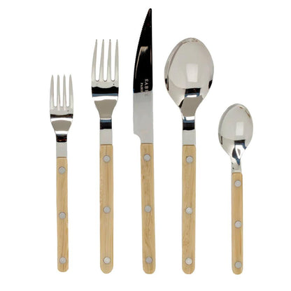 Paris Bistro 5-piece flatware set with stainless steel and light wood-look acrylic handles.