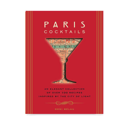 Red "Paris Cocktails" book with gold stripes, a map-filled martini glass icon, and white text.