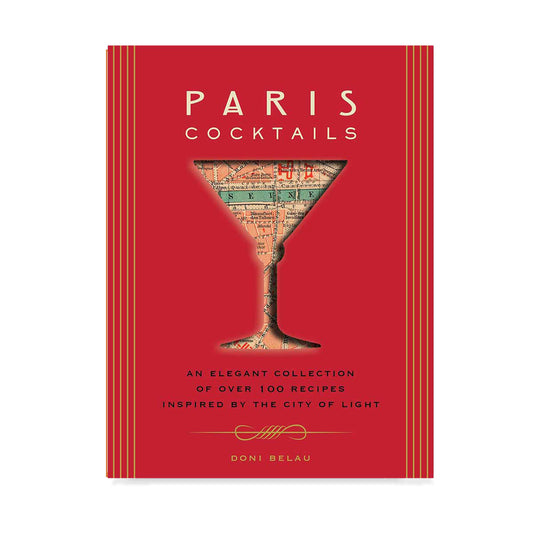 Red "Paris Cocktails" book with gold stripes, a map-filled martini glass icon, and white text.