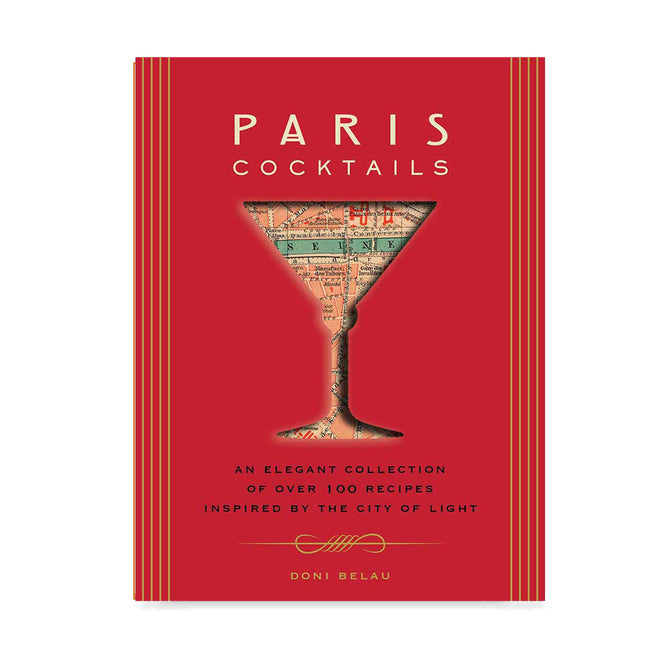 Red "Paris Cocktails" book with gold stripes, a map-filled martini glass icon, and white text.