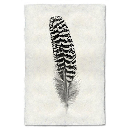 Black and white mottled peacock wing quill feather print on textured Nepalese handmade paper.