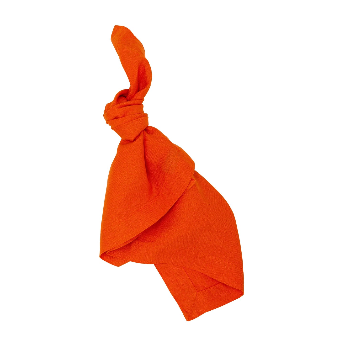 Persimmon HG Signature hand-dyed 22" square linen napkin, tied in a knot, with mitered corners.
