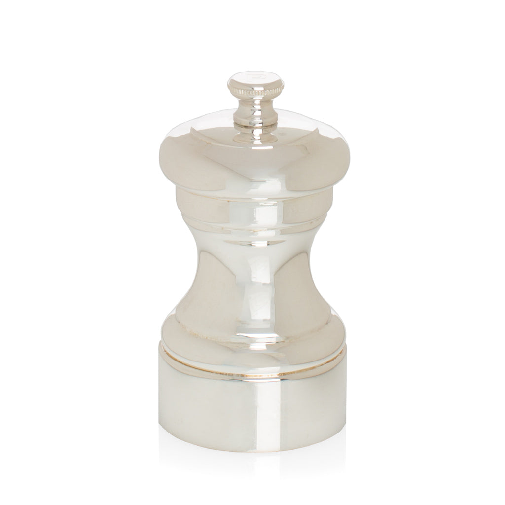 Peugeot Paris Silverplate 4" Pepper Mill, classic design, shiny silver-plated metal.
