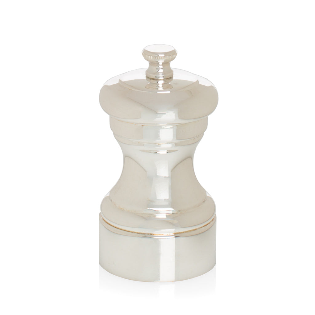 Peugeot Paris Silverplate 4" Salt Mill, Mignonette collection, shiny silver-plated metal.