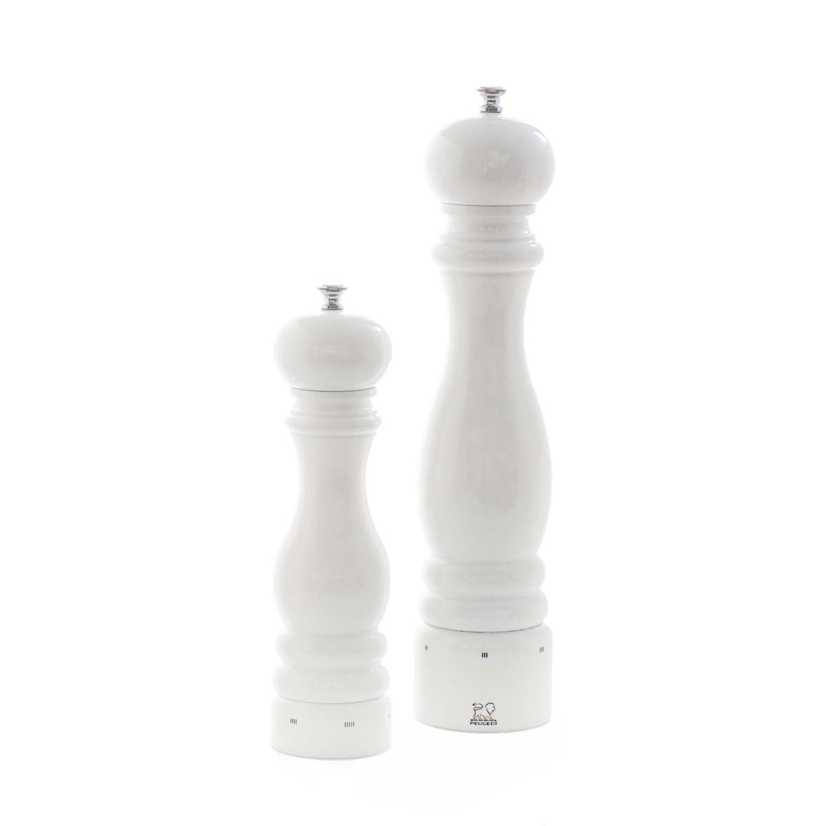 Peugeot Paris White Lacquer 9" salt and 12" pepper mills set, made of sustainable beechwood.
