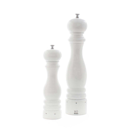 Peugeot Paris White Lacquer 9" salt and 12" pepper mills set, made of sustainable beechwood.