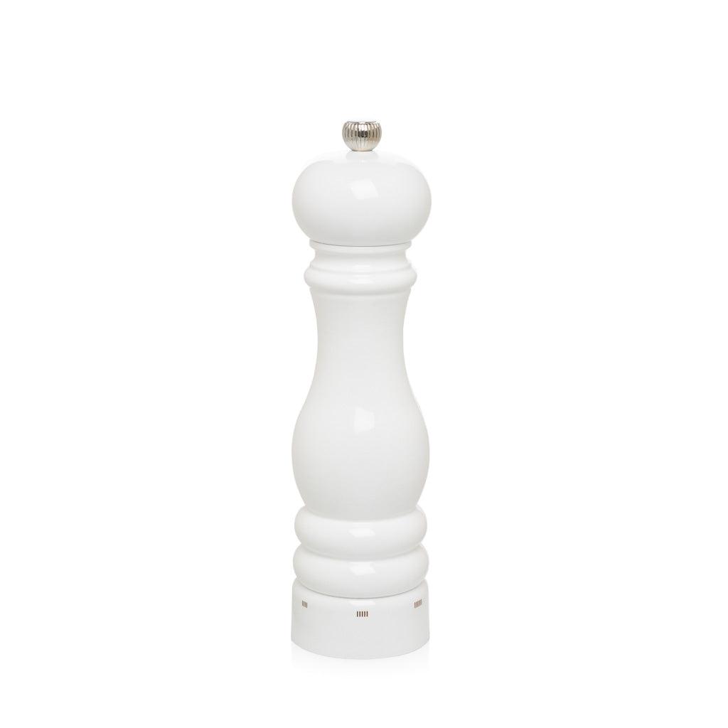 Peugeot Paris White Lacquer 9" Salt Mill, glossy white beechwood, silver top knob.