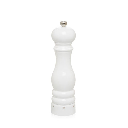 Peugeot Paris White Lacquer 9" Salt Mill, glossy white beechwood, silver top knob.