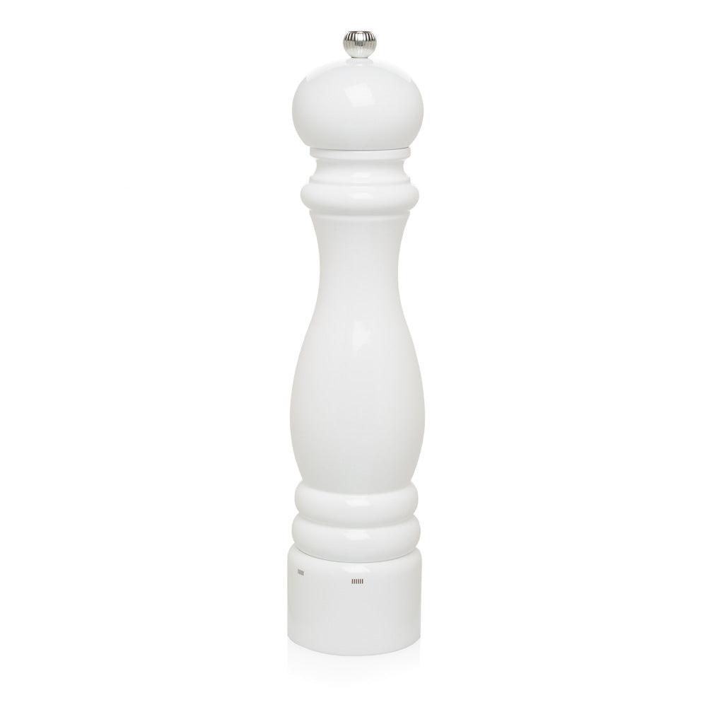 Peugeot Paris 12" white lacquer beechwood pepper mill with a polished silver knob.