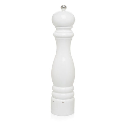 Peugeot Paris 12" white lacquer beechwood pepper mill with a polished silver knob.