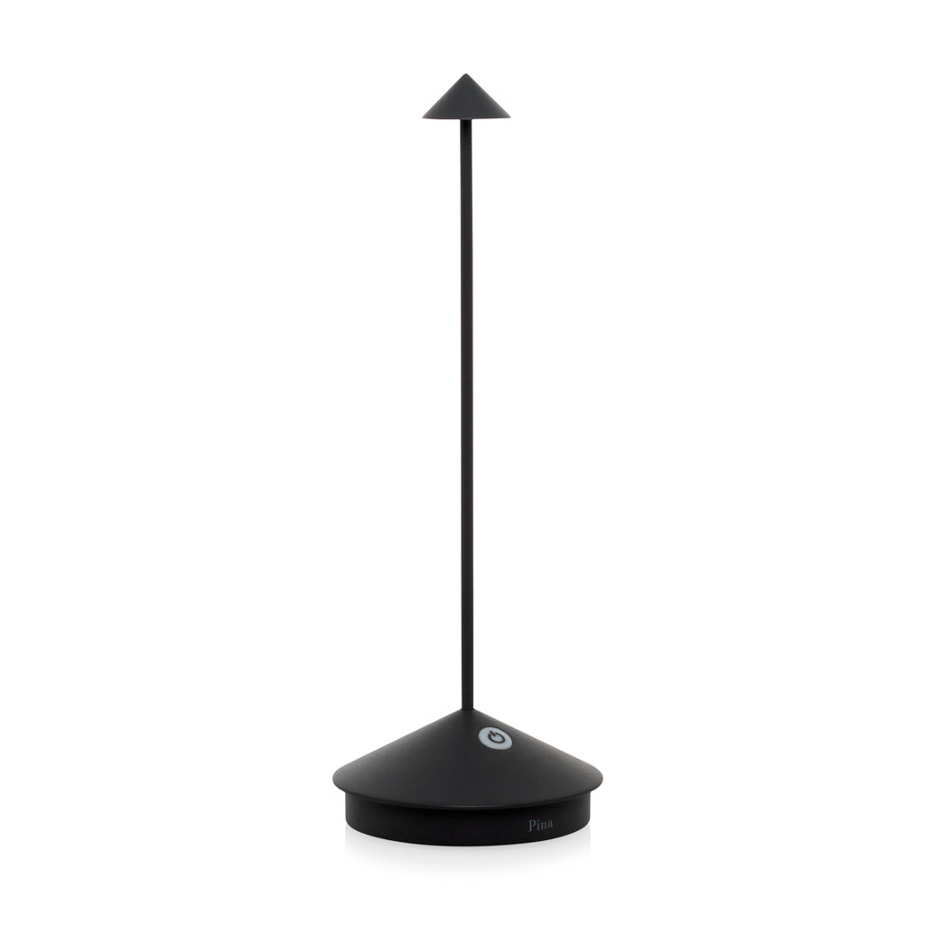 Pina Pro Black rechargeable LED lamp with a broad base, thin rod, and conical shade.