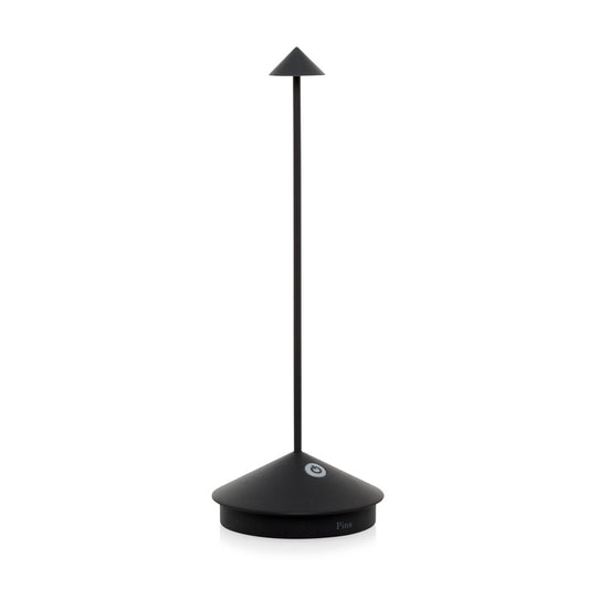 Pina Pro Black rechargeable LED lamp with a broad base, thin rod, and conical shade.