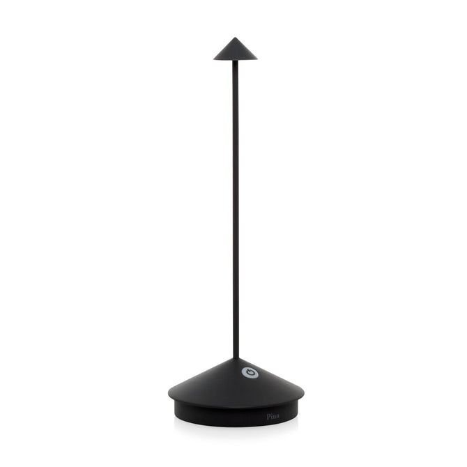 Pina Pro Black rechargeable LED lamp with a broad base, thin rod, and conical shade.