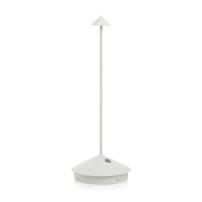 White die-cast aluminum Pina Pro rechargeable LED table lamp with a broad base and thin rod.