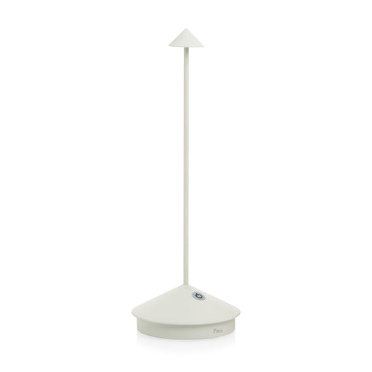 White die-cast aluminum Pina Pro rechargeable LED table lamp with a broad base and thin rod.