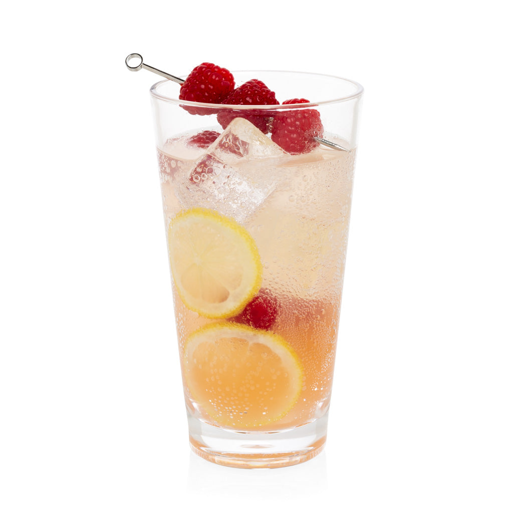 Clear acrylic highball glass with a pink drink, ice, lemon slices, and raspberries on a skewer.