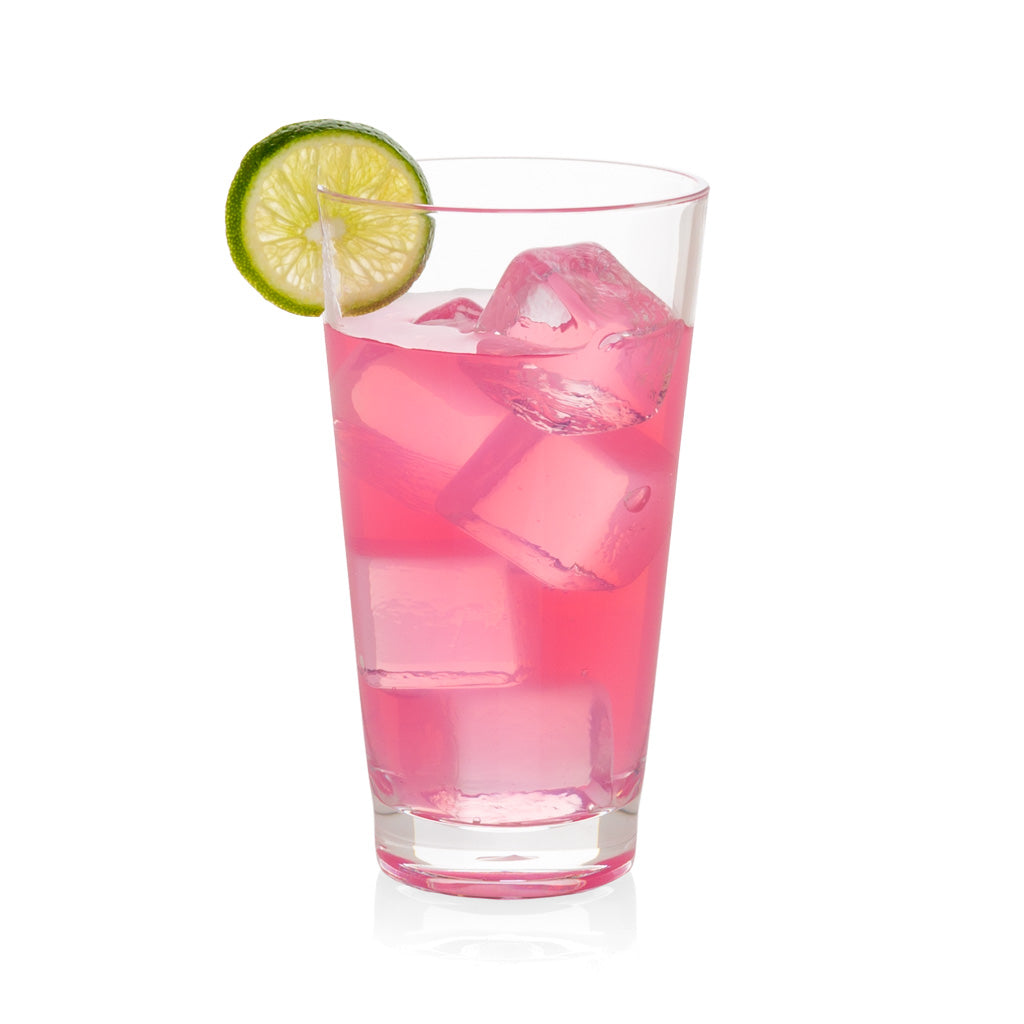 Clear acrylic highball glass with pink drink, ice, and lime slice.
