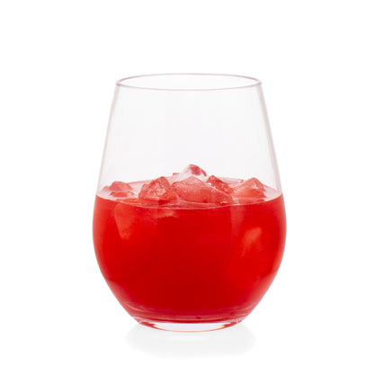 Clear acrylic stemless wine glass, 18oz, filled with red drink and ice.