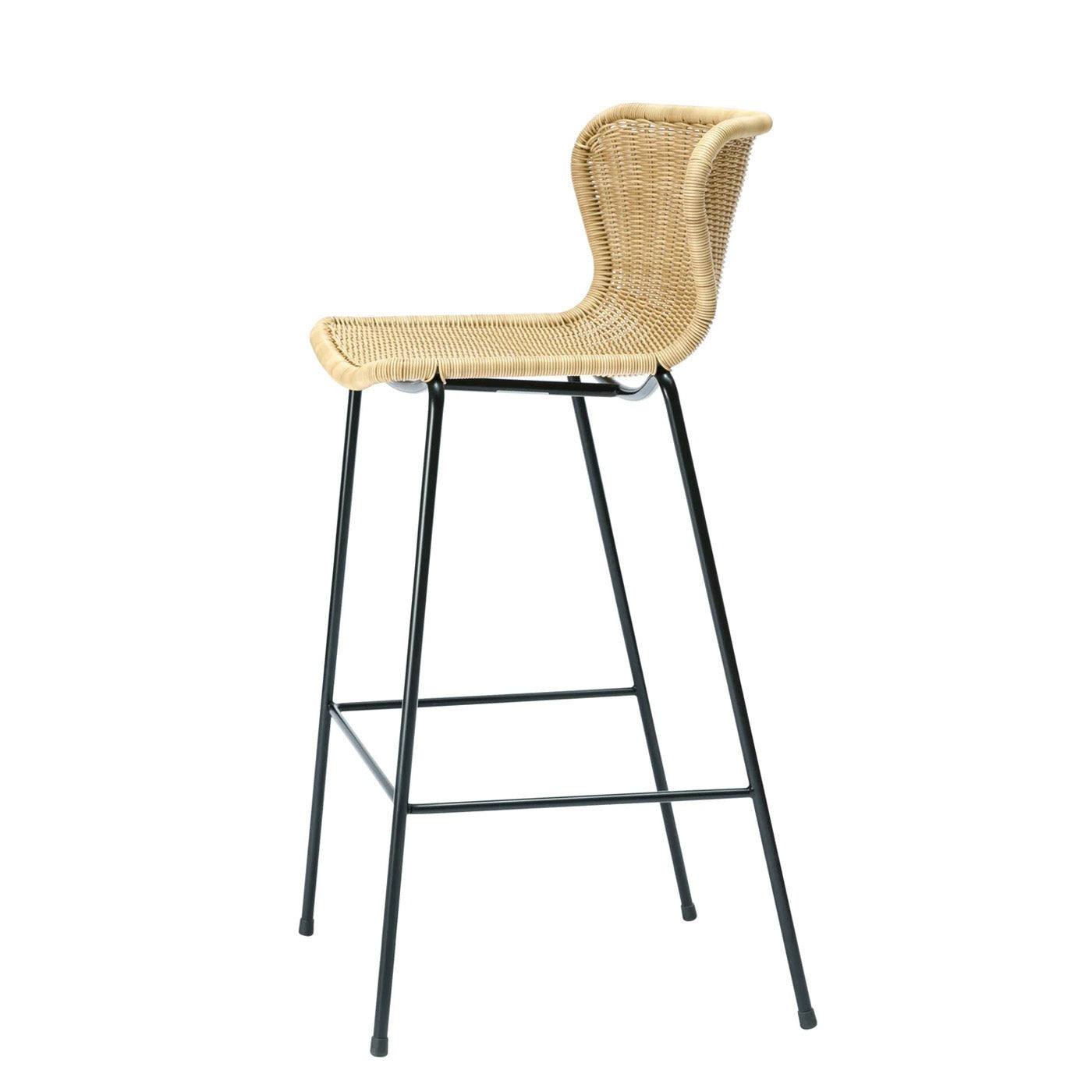 Rattan "Wing" Indoor Counter Stool with natural wicker seat and black powder-coated steel frame.