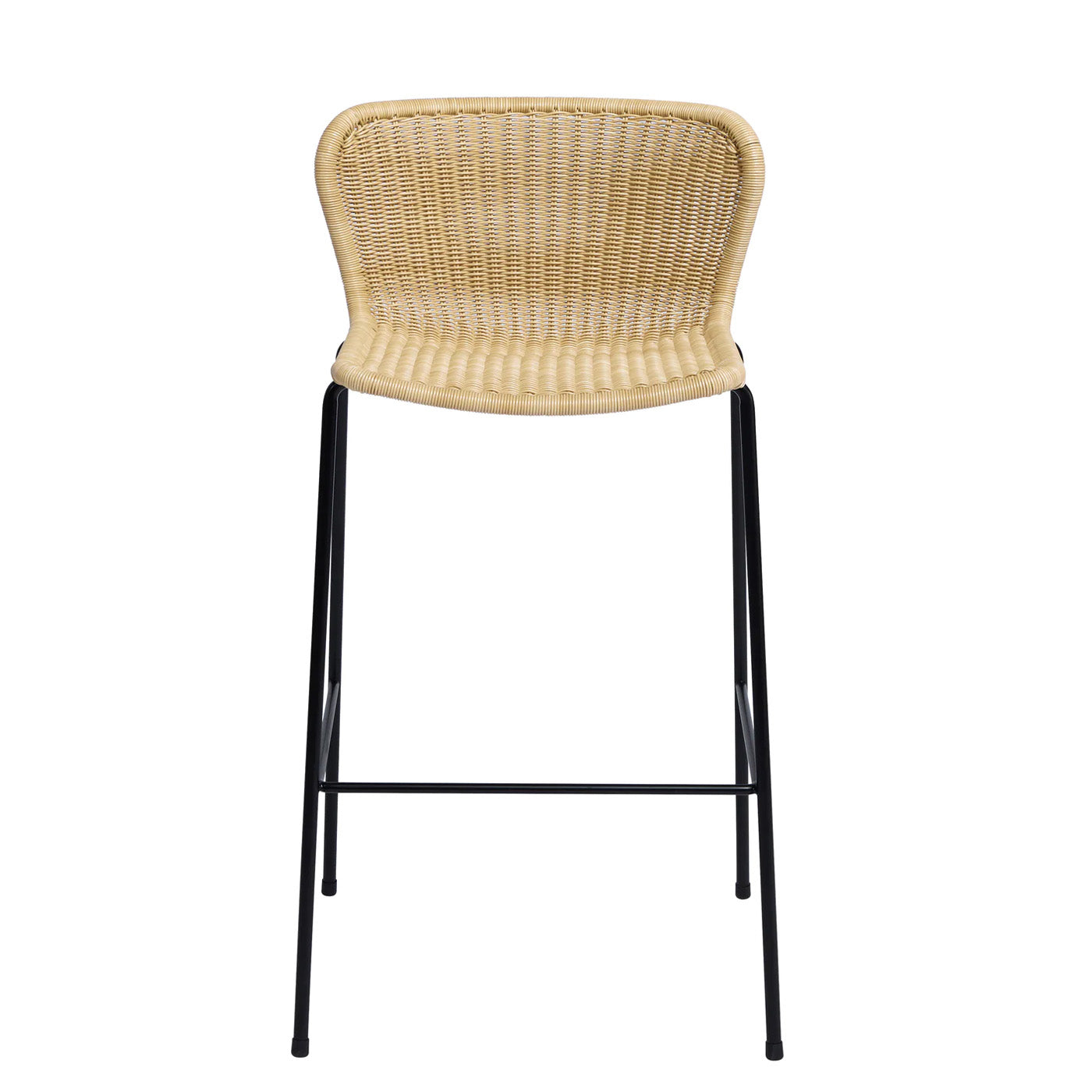 Rattan "Wing" Indoor Counter Stool with natural wicker seat and black powder-coated steel frame.