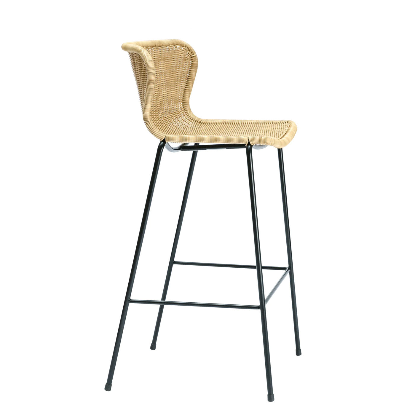 Rattan "Wing" Indoor Counter Stool by Yuzuru Yamakawa, natural wicker seat, black steel frame.