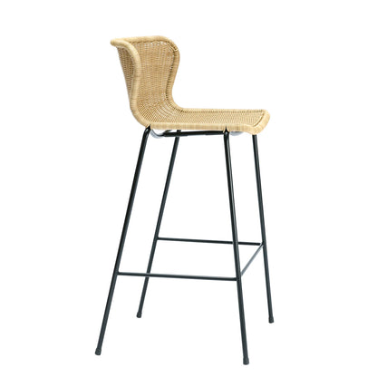 Rattan "Wing" Indoor Counter Stool by Yuzuru Yamakawa, natural wicker seat, black steel frame.